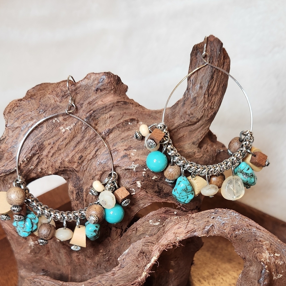 Silver and Turquoise Beaded Hoop Earrings By M. Haskell - Picture 3 of 10